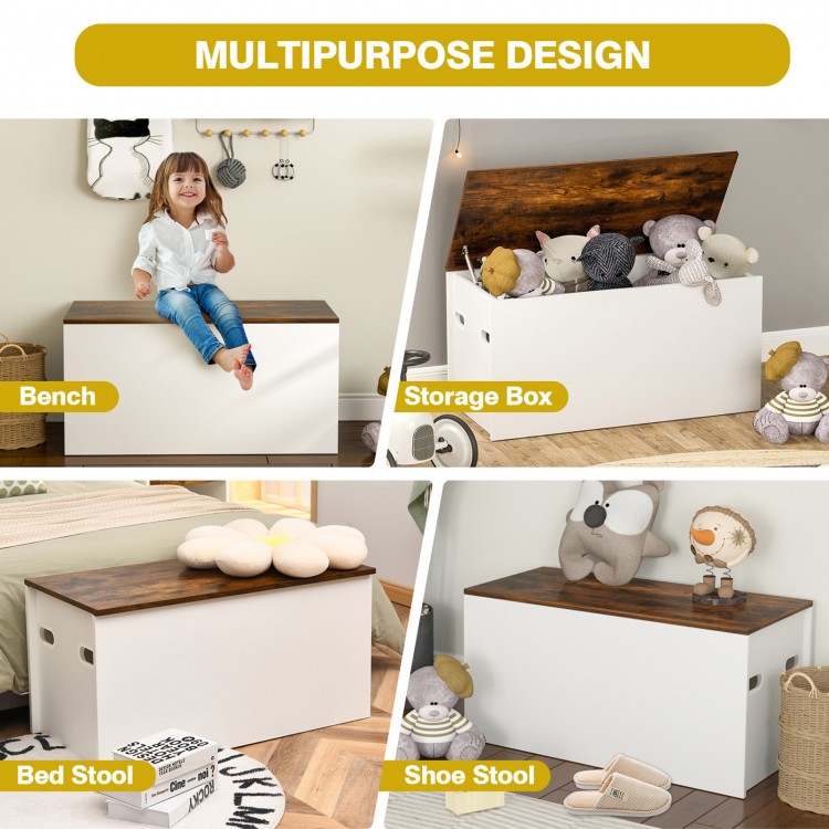 Flip-top storage chest in white with rustic brown lid, ideal as a shoe bench or toy chest for kids' rooms.