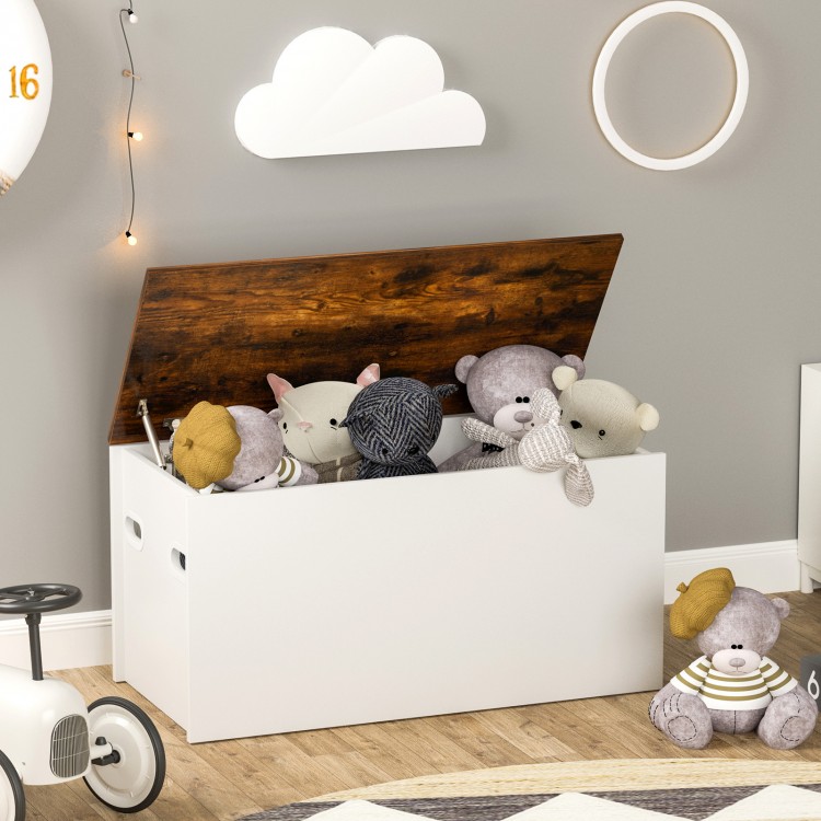Flip-top storage chest in white with rustic brown lid, ideal for toys and shoes, suitable for kids' rooms and living.