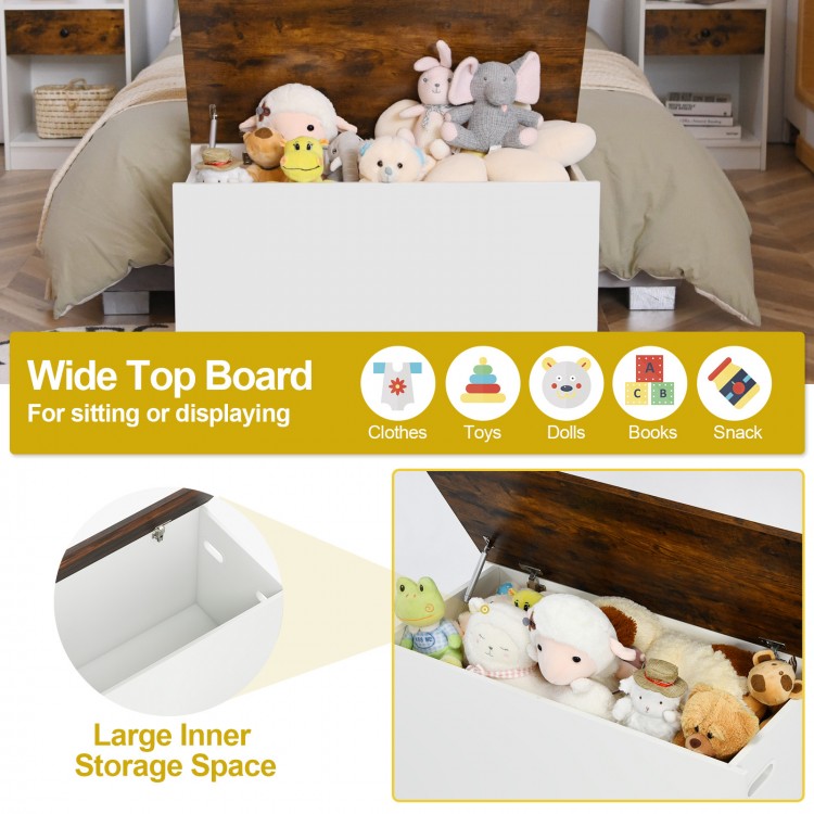 Flip-top storage chest in white with rustic brown lid, offering large storage space for toys and clothes, ideal for any.