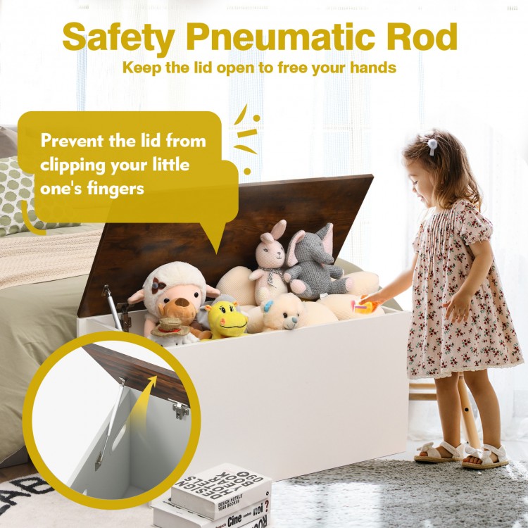 Flip-top storage chest in white with a rustic brown lid, featuring a safety pneumatic rod for easy access and.