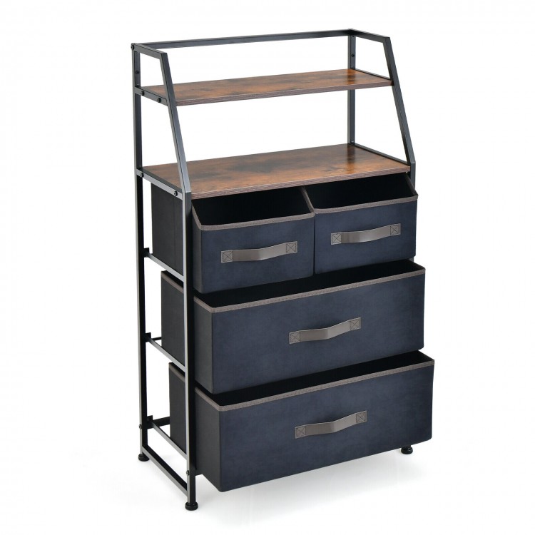 4-drawer free-standing storage dresser with rustic brown wood grain, featuring 2 open shelves and a sturdy metal frame.