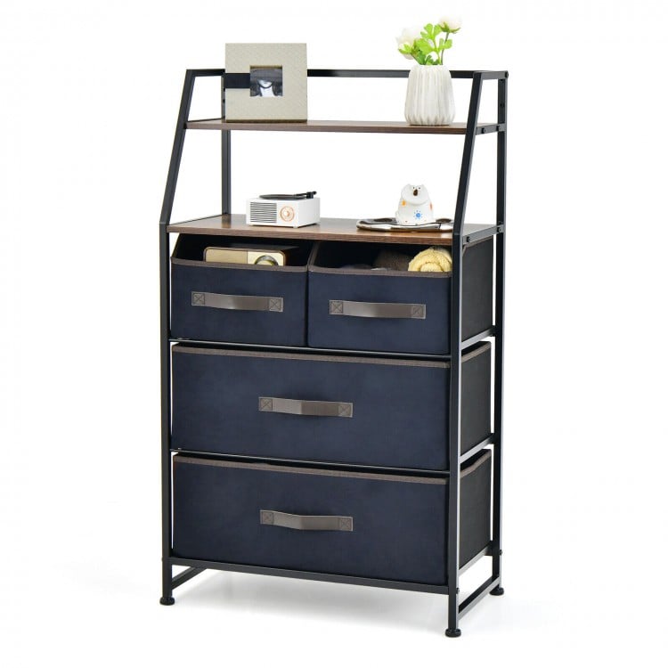 4-drawer free-standing storage dresser with rustic brown shelves, metal frame, and open storage for versatile home use.