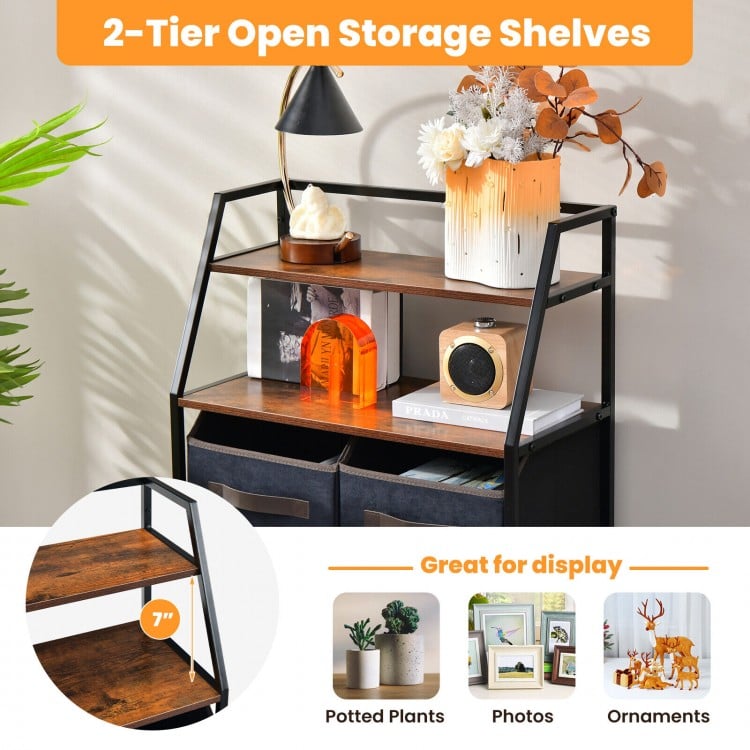 Two-tier open storage shelves in rustic brown with a metal frame, ideal for displaying potted plants and ornaments.
