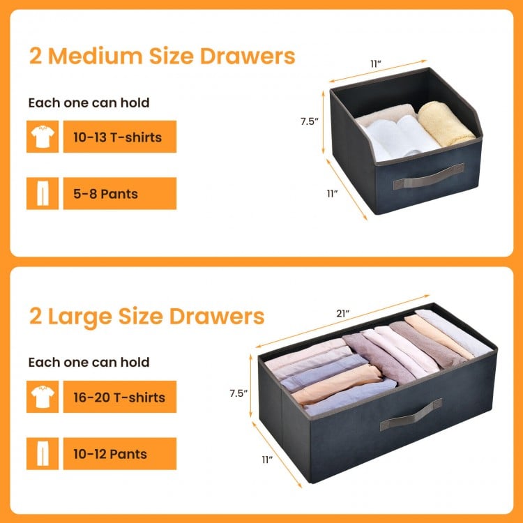 Medium and large size drawers of a rustic brown 4-drawer storage dresser, ideal for organizing clothes in any room.