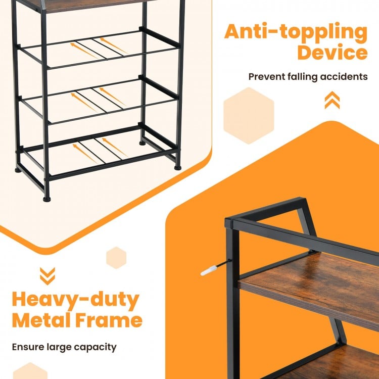 4-drawer storage dresser with rustic brown finish, heavy-duty metal frame, and anti-toppling device for stability.