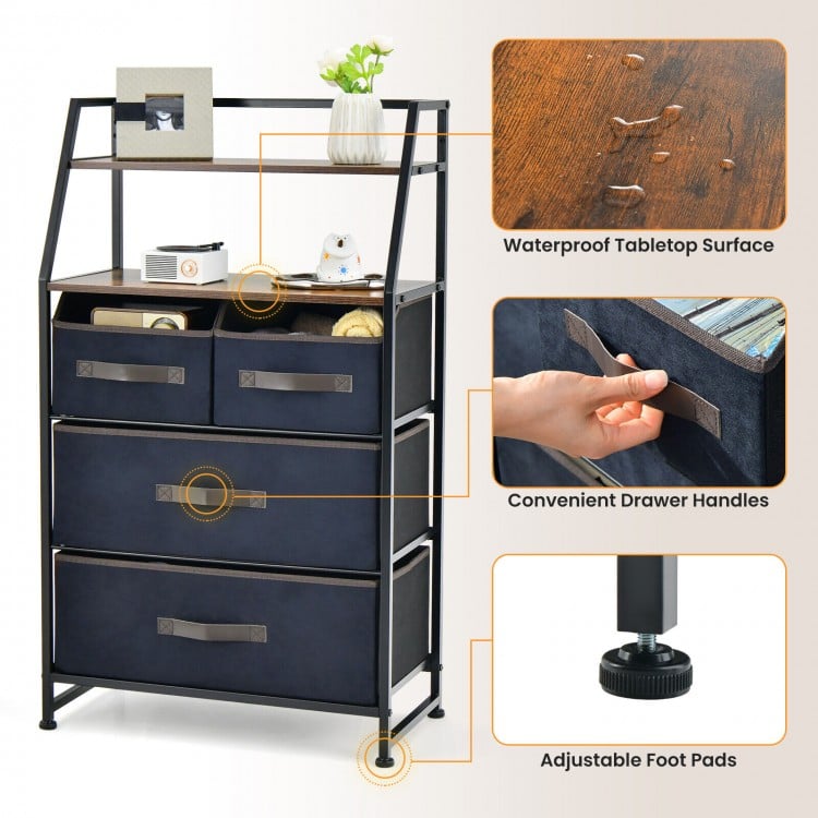 4-drawer storage dresser with rustic brown shelves, metal frame, and adjustable foot pads for stability in any room.