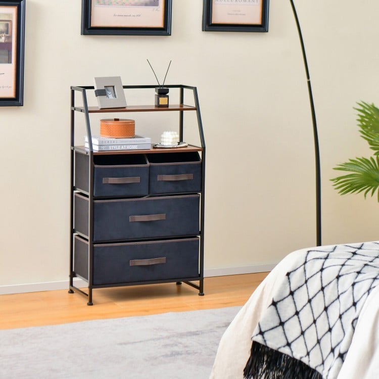 4-drawer free-standing storage dresser with rustic brown wood grain and metal frame, ideal for bedroom or living room.