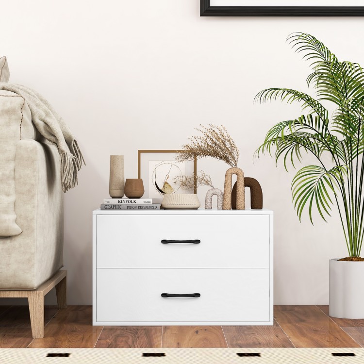 White 2-drawer stackable storage cabinet with handles, perfect for organizing items in living room or office.