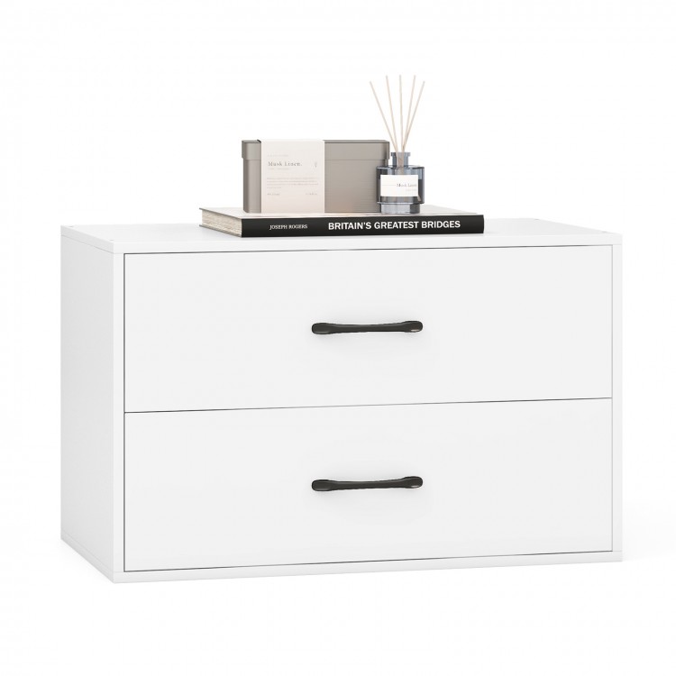 White 2-drawer storage cabinet with handles, featuring a sturdy design and stackable capability for versatile.