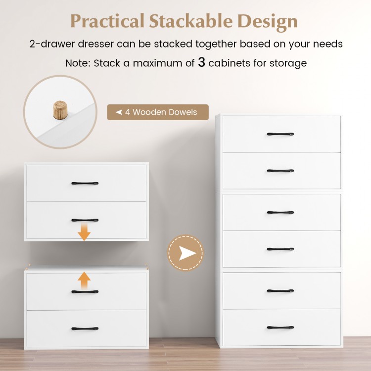 2-drawer stackable storage cabinet in white with handles, featuring a solid tabletop for versatile placement and.
