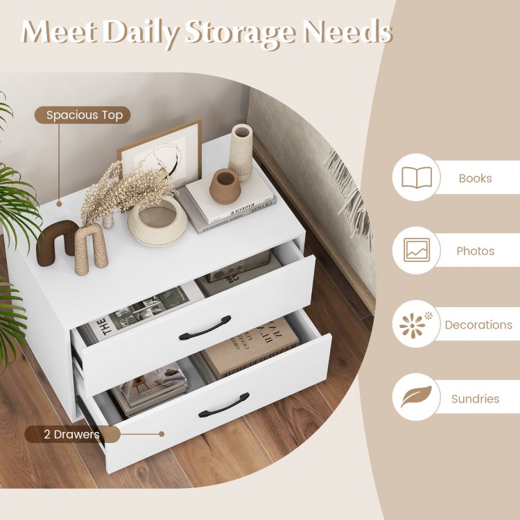 2-drawer white storage cabinet with handles, featuring a spacious top for decor and sturdy construction for versatile.