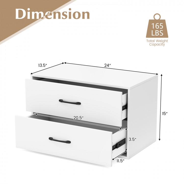 2-drawer stackable storage cabinet in white with handles, featuring dimensions for versatile placement in any room.
