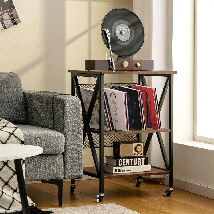 Vintage style rolling end table with three dividers for 250 albums, featuring a brown wood top and a sturdy steel frame.
