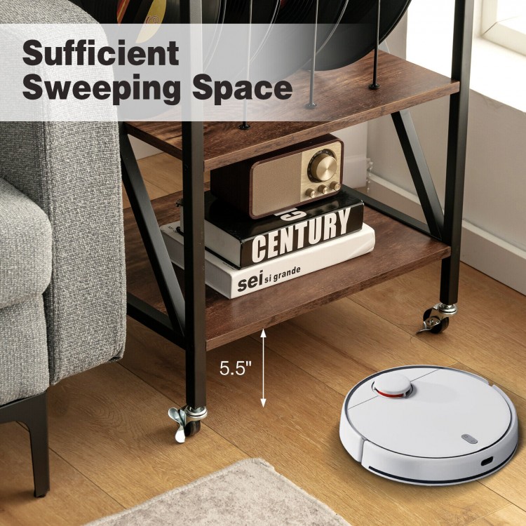 Vintage style rolling end table with three dividers, brown engineered wood, perfect for organizing albums and records.