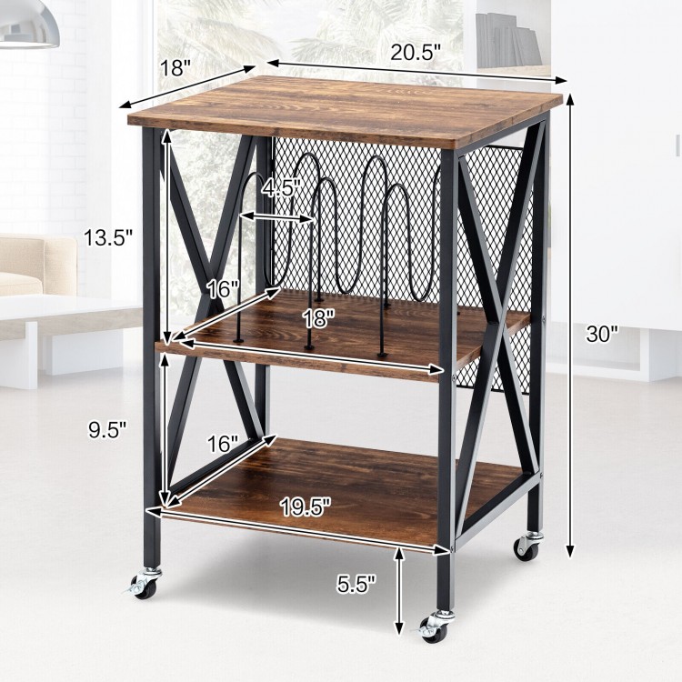 Vintage style rolling end table with three shelves, heavy-duty steel frame, and dividers for albums, ideal for living.
