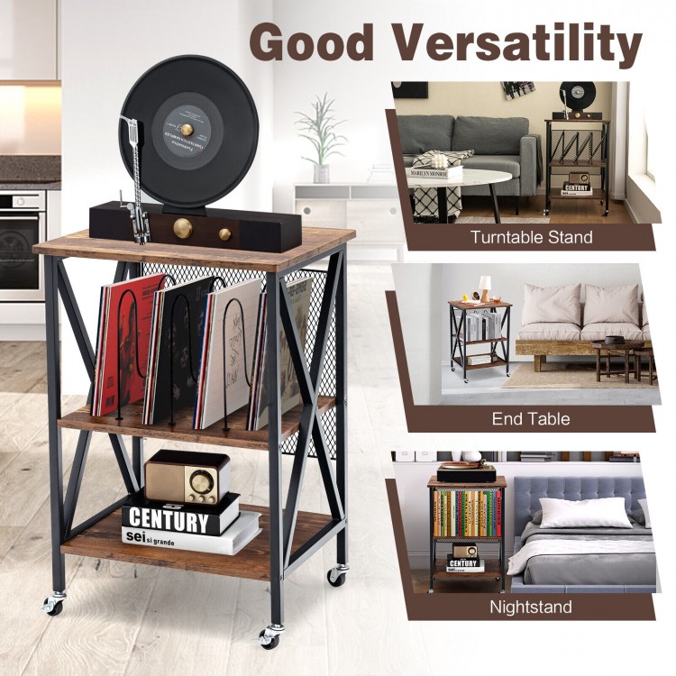 Vintage style rolling end table with 3 dividers for albums, featuring a durable wood top and heavy-duty steel frame.