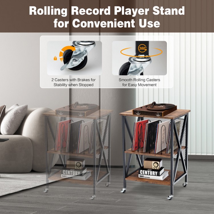 Vintage style rolling end table with 3 dividers, brown finish, holds 250 albums, perfect for living room or bedroom use.