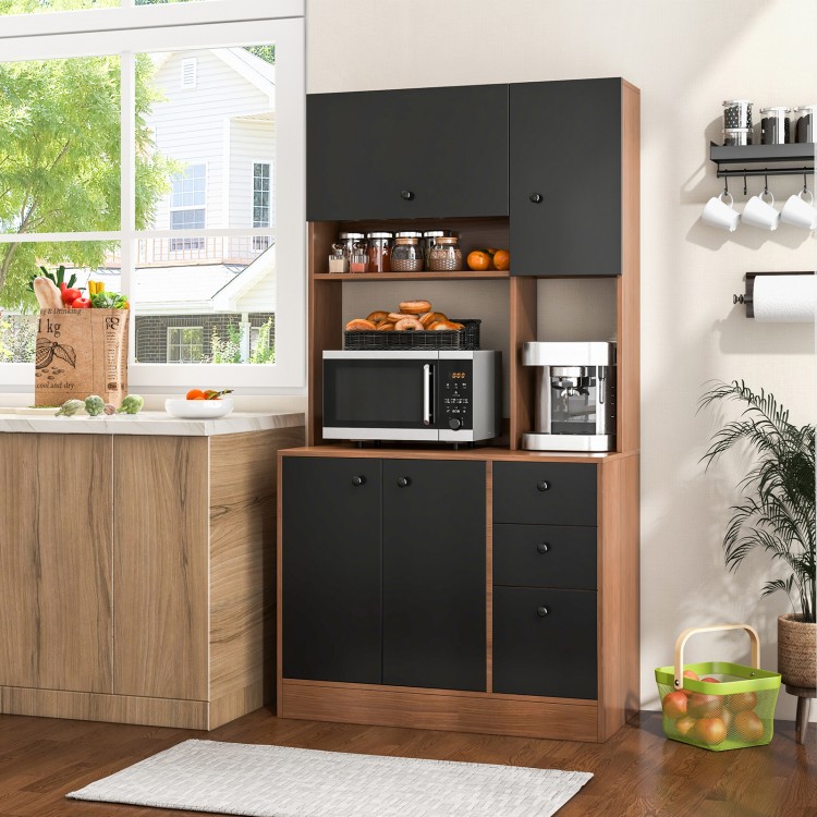 71-inch kitchen pantry in walnut with 3 cabinets, 3 deep drawers, and a wide countertop for versatile storage.
