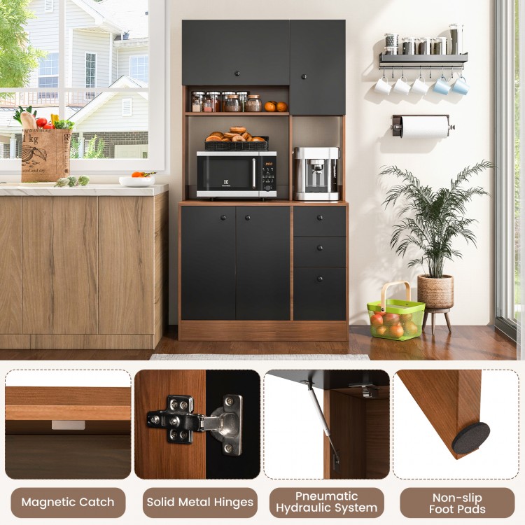 71-inch walnut kitchen pantry featuring 3 cabinets, 3 deep drawers, and pneumatic hydraulic system for smooth access.