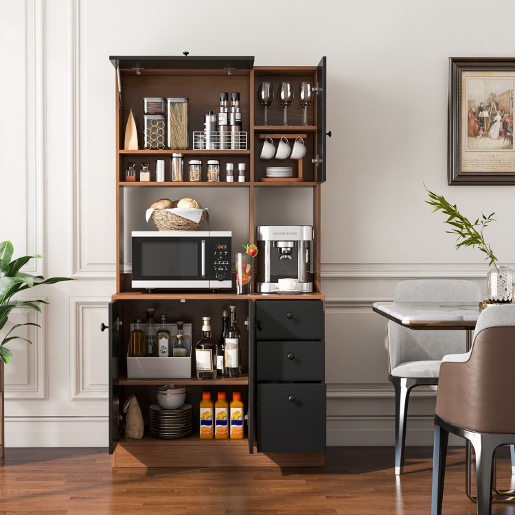 71-inch walnut kitchen pantry featuring 3 cabinets, 3 deep drawers, and adjustable shelves for versatile storage.