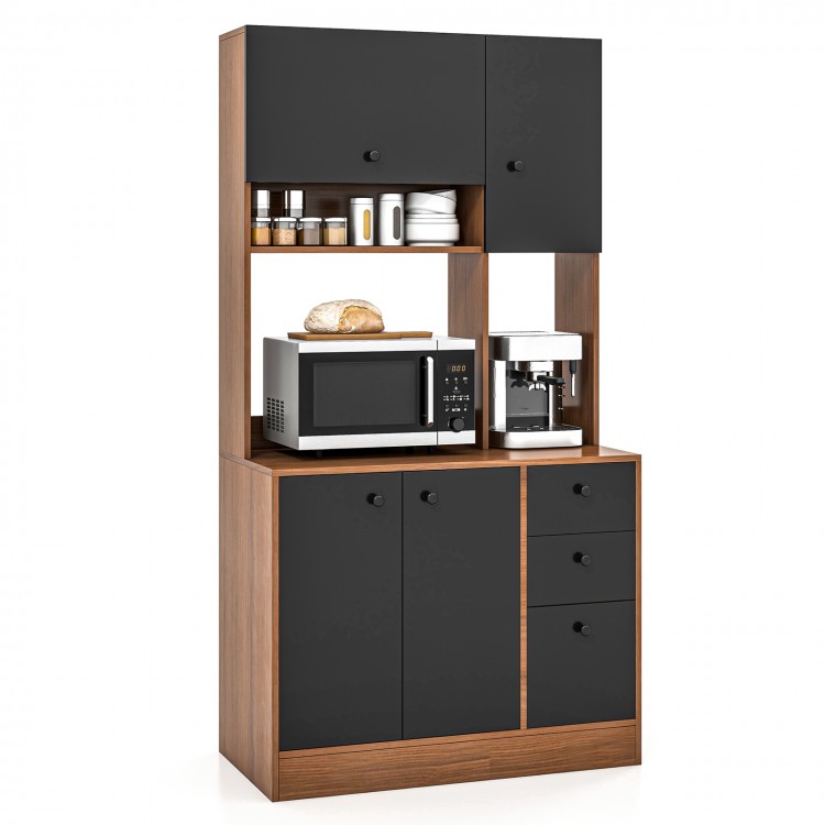 71-inch kitchen pantry in walnut with 3 cabinets and 3 drawers, featuring adjustable shelves for versatile storage.
