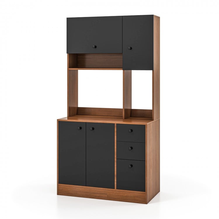 71-inch walnut kitchen pantry featuring 3 cabinets and 3 deep drawers, ideal for kitchen or dining room storage.