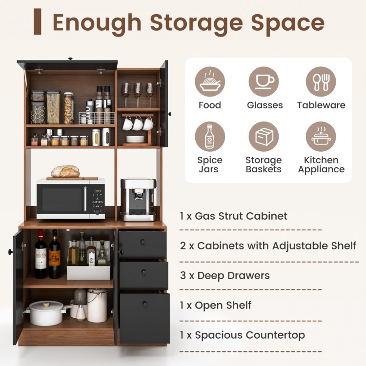 Walnut 71-inch kitchen pantry featuring 3 cabinets, 3 deep drawers, and a spacious countertop for versatile storage.