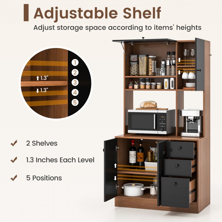 71-inch walnut kitchen pantry featuring 3 cabinets, 3 deep drawers, and 2 adjustable shelves for versatile storage.
