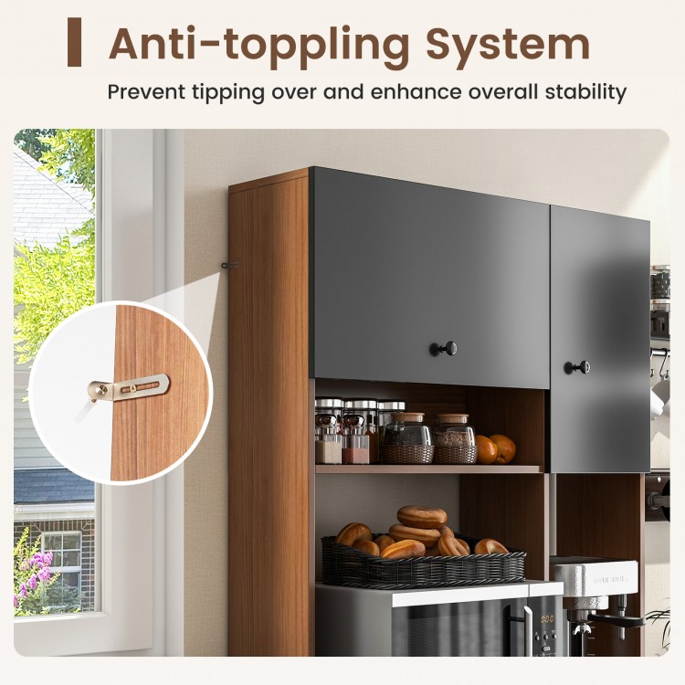 Walnut 71-inch kitchen pantry featuring an anti-tipping system, three cabinets, and three deep drawers for ample.