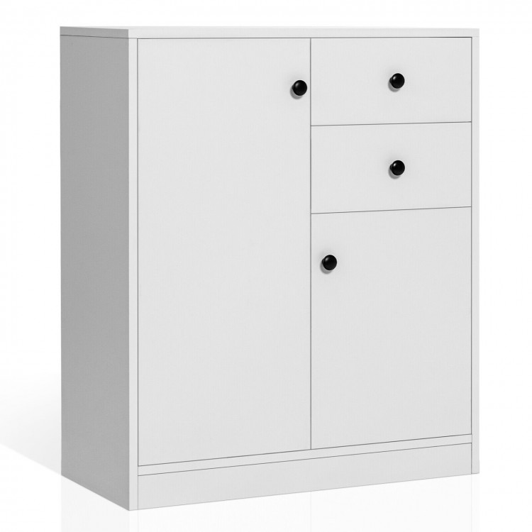 White 2-door kitchen sideboard with adjustable shelves, enclosed storage, and modern design for versatile use.