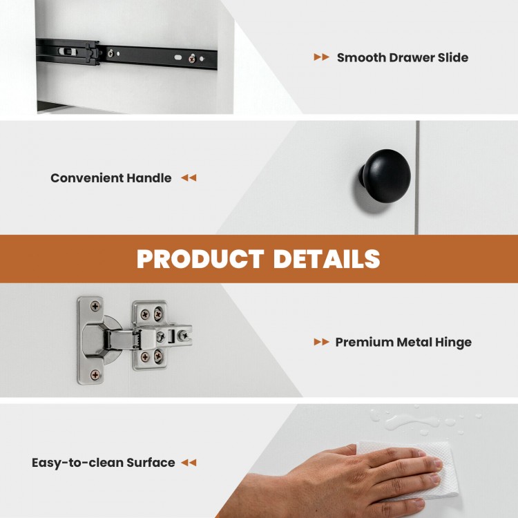 Close-up of the premium metal hinge and smooth drawer slide on the white 2-door kitchen sideboard for easy access.