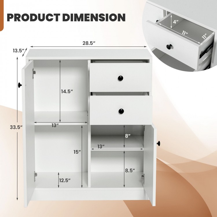 Dimensions of the 2-door white kitchen sideboard with adjustable shelves, featuring enclosed cabinets and drawers.