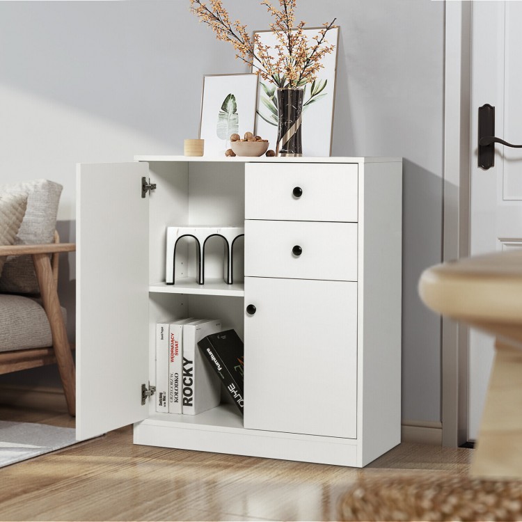 White 2-door kitchen sideboard with adjustable shelves, drawers, and a spacious tabletop for storage and display.