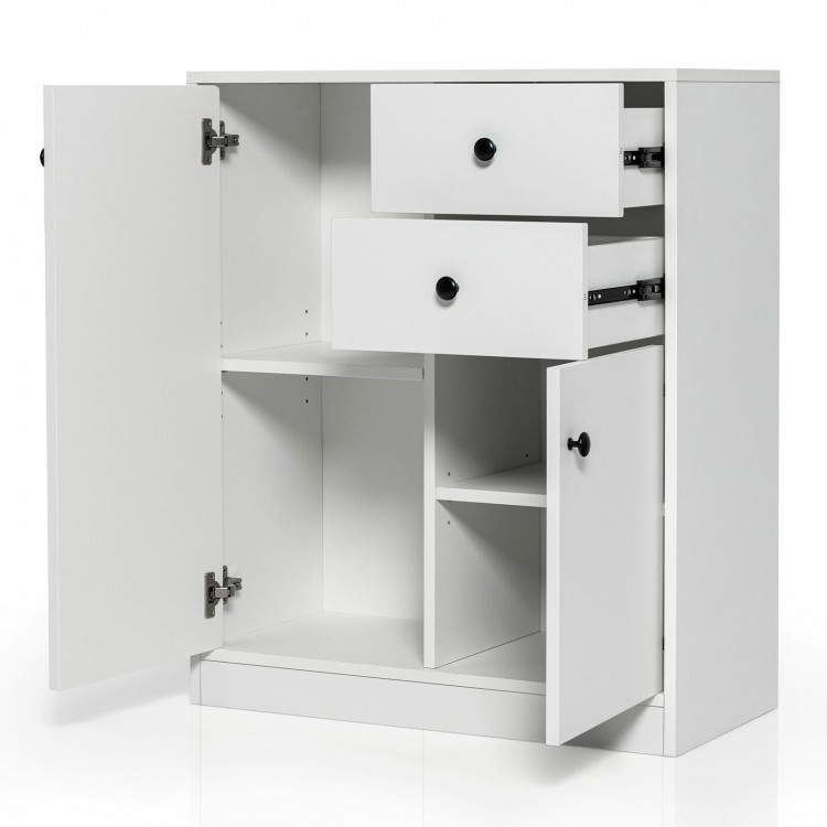 Interior view of the white 2-door kitchen sideboard showcasing adjustable shelves and enclosed storage for organization.