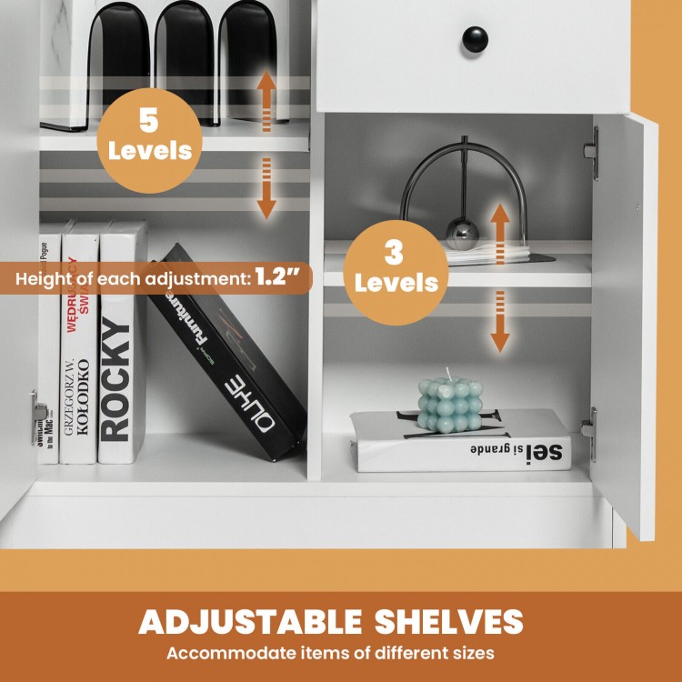 Adjustable shelves in a white kitchen sideboard, featuring 5 levels for customized storage and modern design.