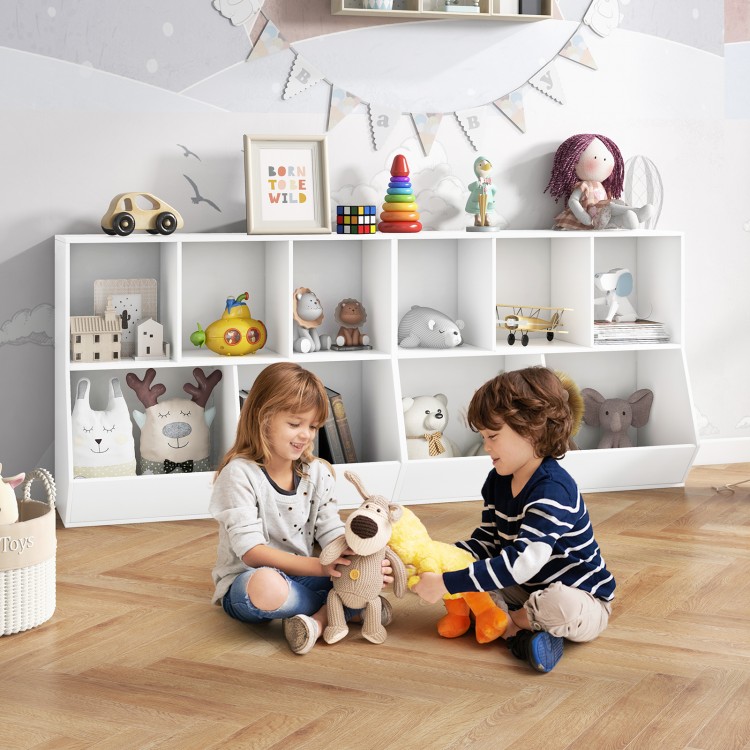 5-cube wooden kids toy storage organizer in white, featuring sturdy design and anti-tipping kits for safe use in.