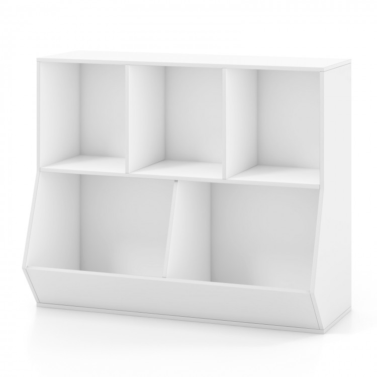 5-cube white wooden kids toy storage organizer with anti-tipping kits, ideal for playroom and reading room organization.