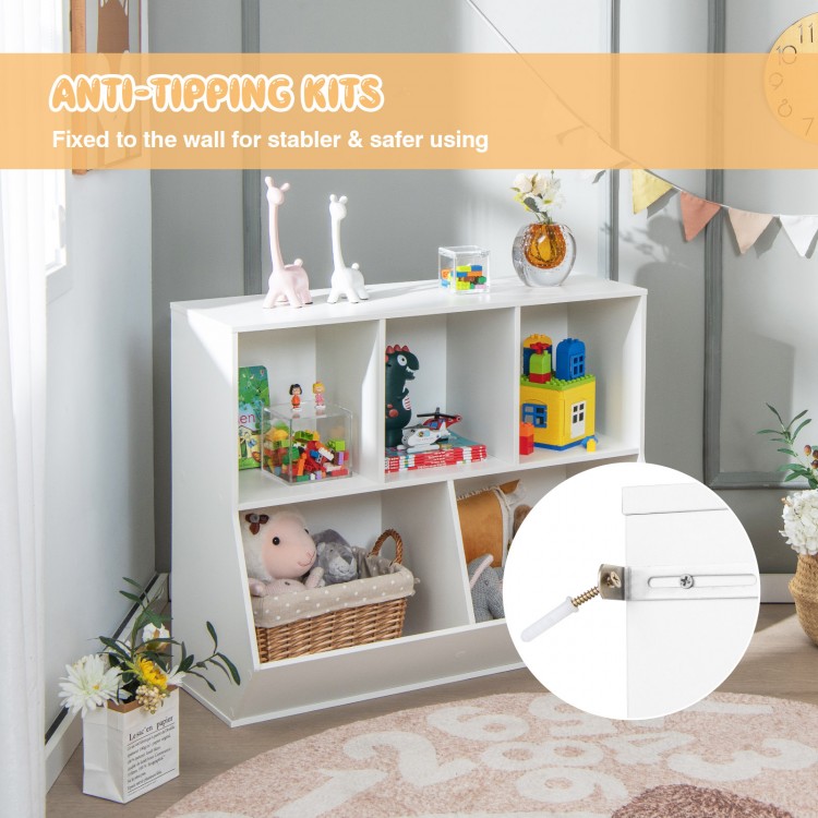 5-cube wooden kids toy storage organizer in white with anti-tipping kits, ideal for playroom and bedroom organization.