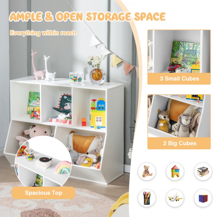 5-cube wooden kids toy storage organizer in white with 3 small and 2 big cubes, perfect for playroom and reading room.