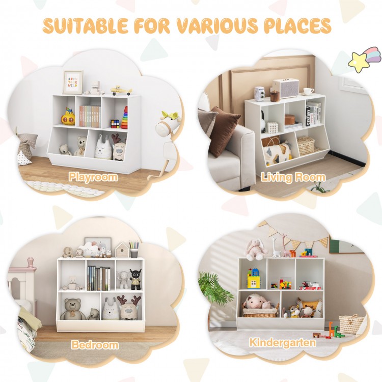 5-cube wooden kids toy storage organizer in white with anti-tipping kits, ideal for playroom, bedroom, or kindergarten.
