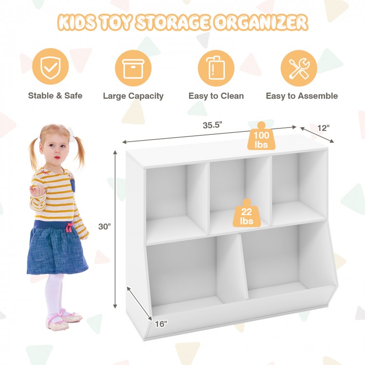 5-cube wooden kids toy storage organizer in white with anti-tipping kits, perfect for playroom and bedroom storage.