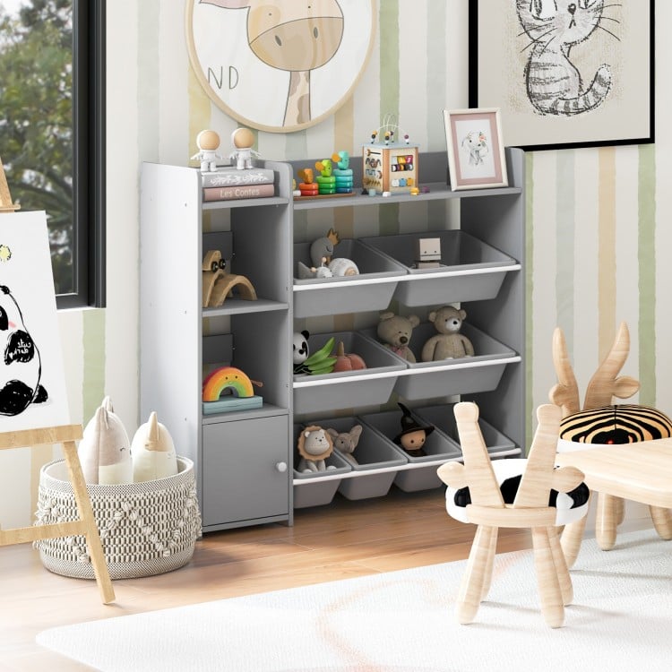 4-tier grey kids bookshelf with 8 toy organizer bins, ideal for storing toys and books in playrooms or bedrooms.