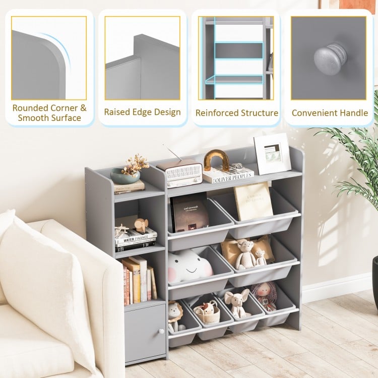4-tier grey kids bookshelf with 8 removable toy bins, rounded corners, and raised edges for safe storage in playrooms.