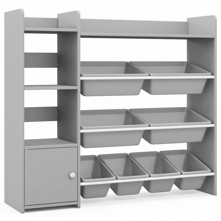 4-tier kids bookshelf and toy storage rack in grey with 8 removable bins, ideal for organizing toys and books.