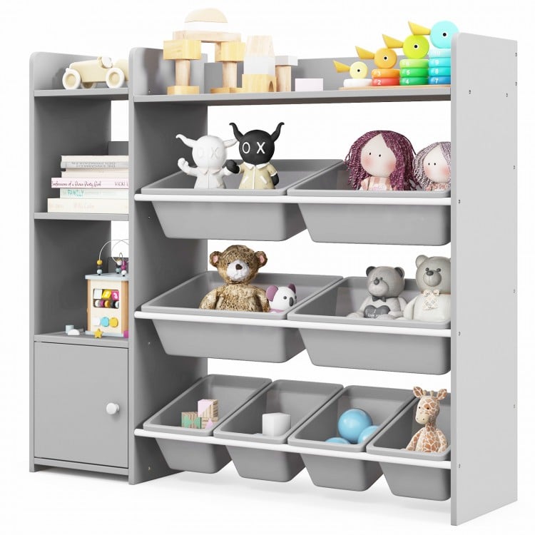 4-tier grey kids bookshelf and toy storage rack with 8 removable bins, ideal for organizing toys and books in playrooms.