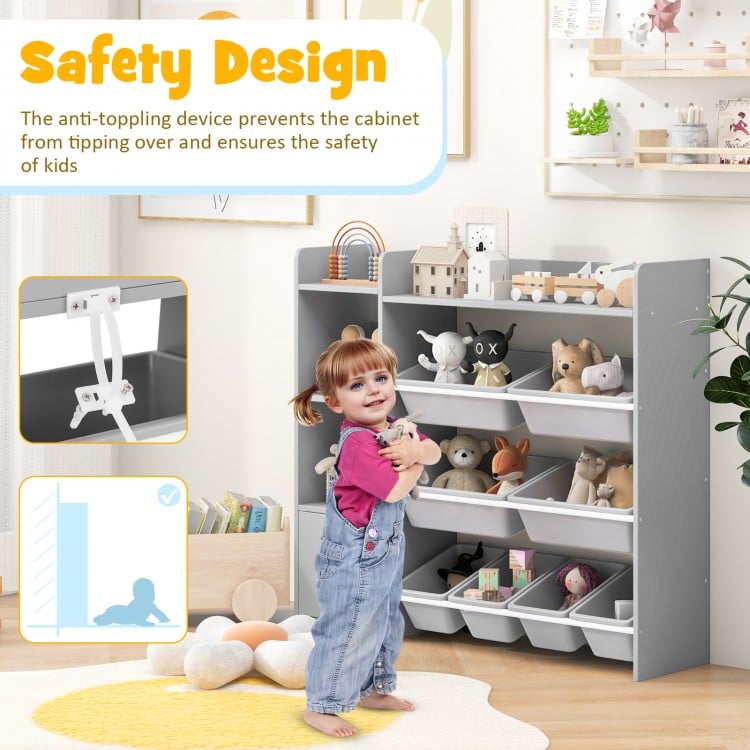 4-tier kids bookshelf and toy storage rack in grey with 8 removable bins, designed for safety and easy access in.