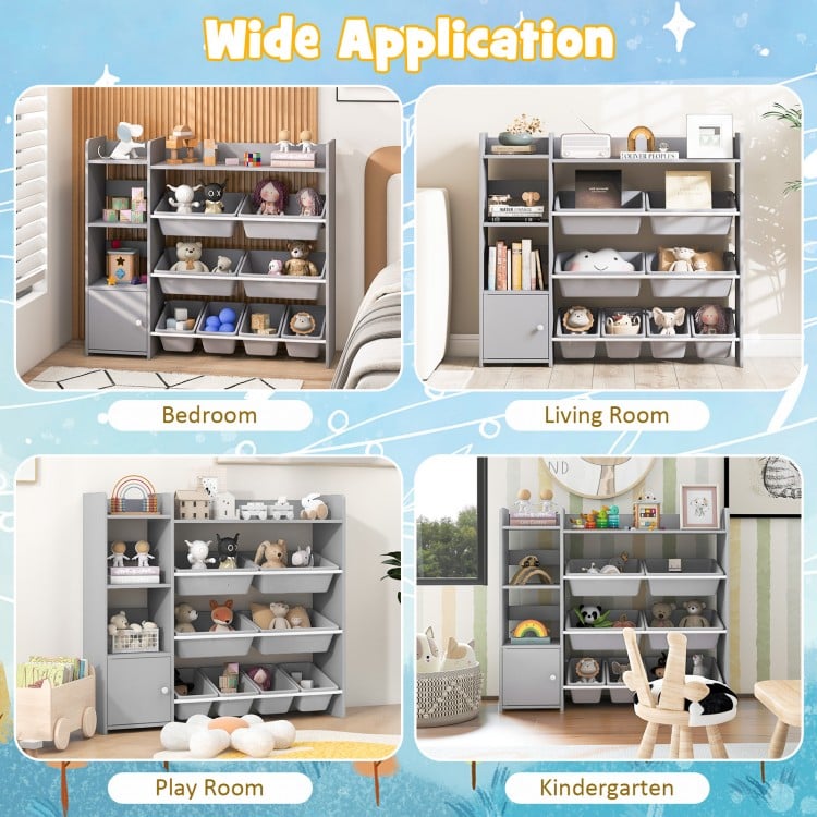 4-tier grey kids bookshelf with 8 toy organizer bins, ideal for bedroom, playroom, and kindergarten storage.