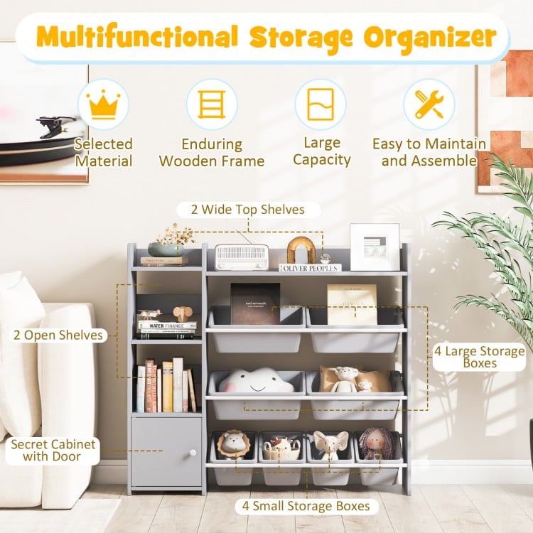 4-tier kids bookshelf in grey with 8 toy organizer bins, ideal for storing toys and books in playrooms or bedrooms.