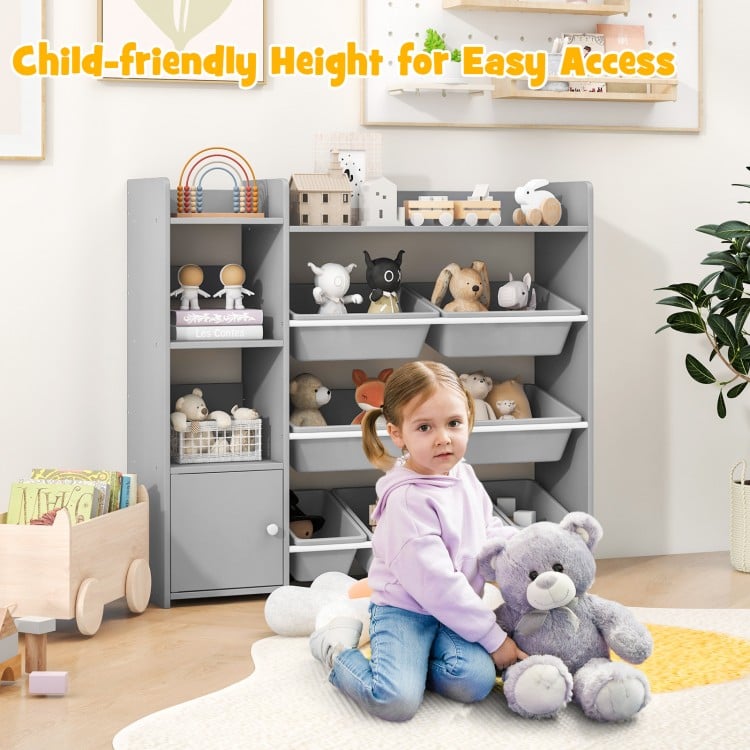 4-tier grey kids bookshelf with 8 toy organizer bins, designed for easy access and safe storage in playrooms.