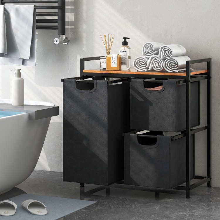 Laundry basket organizer with rustic brown shelf, featuring 3 removable bags and pull-out design for easy access.